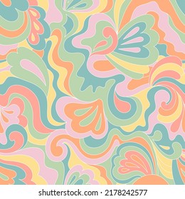 Hippie psychedelic seamless pattern. Vector nostalgic retro 60s groovy print. Vintage wavy background. Textile and surface design with old fashioned hand drawn naive geometric print