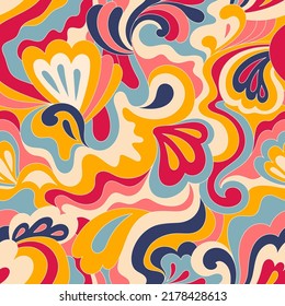 Psychedelisches, nahtloses Muster. Vektor nostalgische Retro 60er Jahre Groovy Print. Vintage, brauner Hintergrund. Textil- und Oberflächendesign mit altmodischem, handgezeichnet naivem geometrischem Druck