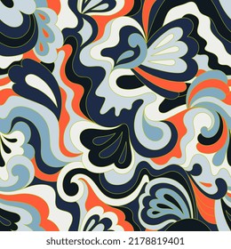 Hippie psychedelic seamless pattern. Vector nostalgic retro 60s groovy print. Vintage wavy background. Textile and surface design with old fashioned hand drawn naive geometric print