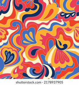 Hippie psychedelic seamless pattern. Vector nostalgic retro 60s groovy print. Vintage wavy background. Textile and surface design with old fashioned hand drawn naive geometric print