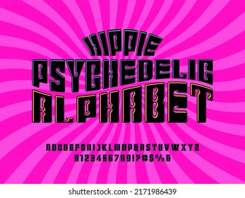 Hippie psychedelic style alphabet design with uppercase, numbers and symbols