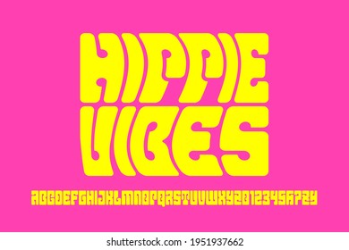 Hippie psychedelic style font design, 1960s alphabet letters and numbers vector illustration