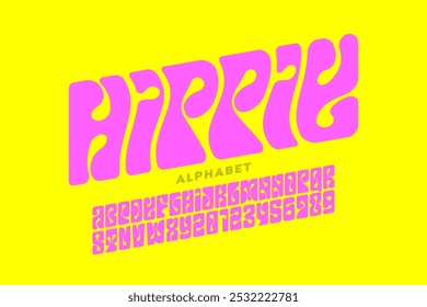 Hippie. Psychedelic style font design, 1960s alphabet letters and numbers vector illustration