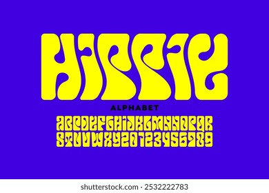 Hippie. Psychedelic style font design, 1960s alphabet letters and numbers vector illustration