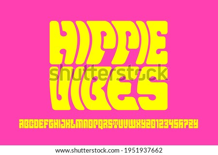 Hippie psychedelic style font design, 1960s alphabet letters and numbers vector illustration