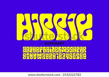Hippie. Psychedelic style font design, 1960s alphabet letters and numbers vector illustration