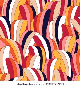 Hippie psychedelic vector background. Retro seamless pattern. Abstract elements in boho design. Colorful abstract vintage vector print. Summer groovy textile design