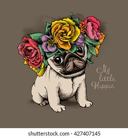 Hippie Pug puppy in a floral head wreath. Vector illustration.