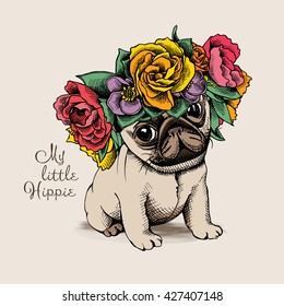 Hippie Pug puppy in a floral head wreath. Vector illustration.