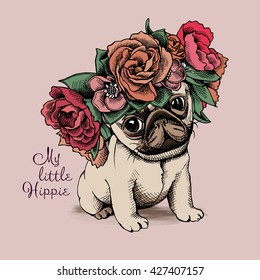 Hippie Pug puppy in a floral head wreath. Vector illustration.