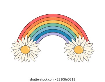 Hippie rainbow with daisies. Groovy retro psychedelic cartoon element. Vector illustration isolated on white background.