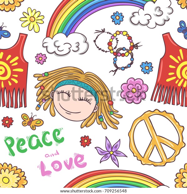 Hippie Rainbow Seamless Pattern Hand Drawn Stock Vector (Royalty Free ...