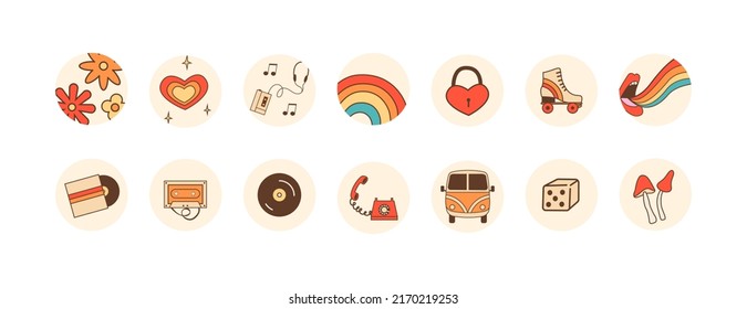 Hippie retro 60s 70s 80s highlights round icons set. Funky positive collection covers for social media insta blog. Vector flat cartoon style illustration.