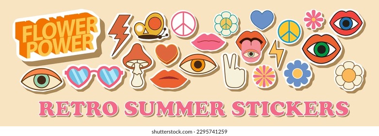 Hippie retro 70s summer stickers icons. Happy hand gesturing peace symbol, flowers, bus and rainbow sunglasses. Guitar, smiling sun and heart with love word. Cartoon style vector set 