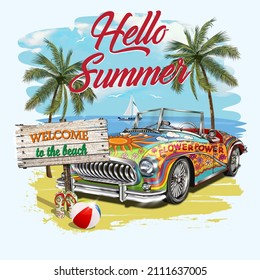 Hippie Retro Car On Beach.Hello Summer Vintage Poster. 