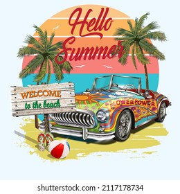 Hippie Retro Car On Beach.Hello Summer Vintage Poster. 