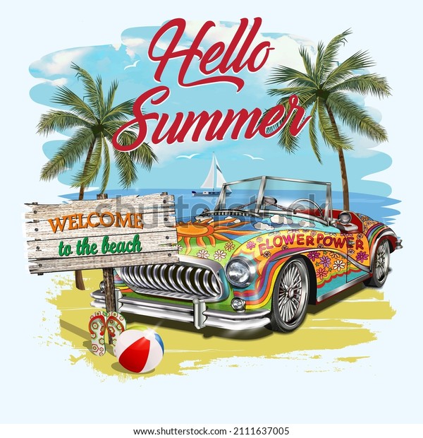 Hippie
retro car on beach.Hello summer vintage poster.
