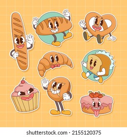 Hippie Retro Cute Line Art Happy Bakery Baking Cake stickers,  groovy set bundle elements. Cute vintage icons Sticker Label in 70s, 80s, 90s style. Flat vector illustration, design templates.