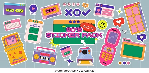 Hippie retro stickers, 90s game style and web frames. Funny cartoon joystick, tetris, old computer, vintage set of vector elements in groovy style.