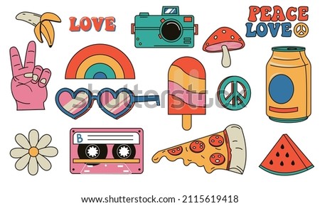 Hippie retro stickers. Cartoon psychedelic vintage clip art. Smiley face. Flower and mushroom. Peace symbol. Rainbow and pizza piece. Heart shaped sunglasses. Vector hippy elements set