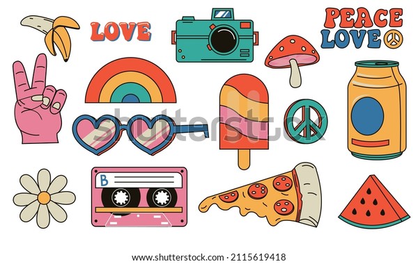 Hippie retro\
stickers. Cartoon psychedelic vintage clip art. Smiley face. Flower\
and mushroom. Peace symbol. Rainbow and pizza piece. Heart shaped\
sunglasses. Vector hippy elements\
set