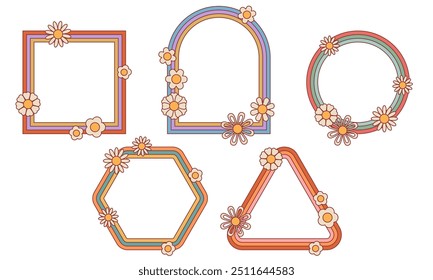 Hippie retro style borders frame. Vector colorful Hippie linear banners and frames with flowers. Design elements and shapes for abstract Hippie backgrounds and Hippie modern art