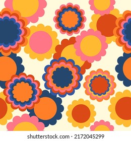 Hippie retro vector seamless pattern. Nostalgic 70s groovy print with geometric flowers. Vintage floral background. Textile and surface design in old fashioned colors