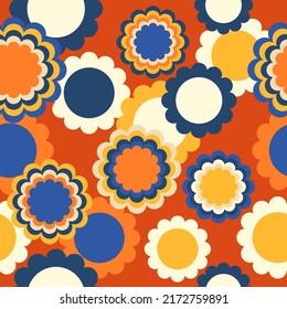 Hippie retro vector seamless pattern. Nostalgic 70s groovy print with geometric flowers. Vintage floral background. Textile and surface design in old fashioned colors