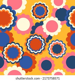 Hippie retro vector seamless pattern. Nostalgic 70s groovy print with geometric flowers. Vintage floral background. Textile and surface design in old fashioned colors