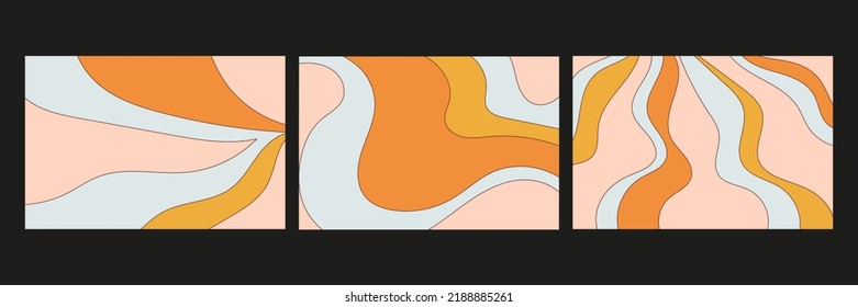 Hippie retro vintage 70s 60s style backgrounds set. Abstract groovy psychedelic cover collection. Modern flat vector illustrations for web banner, trendy poster, graphic print, wall decor