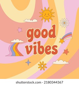 Hippie retro vintage card in 70s-80s style. Cartoon flat vector illustration.