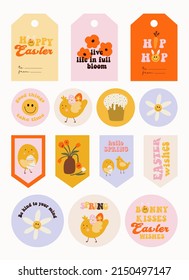 Hippie retro vintage cards and tags in 70s-80s style. Flat Easter elements. Vector illustration.