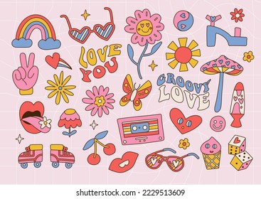 Hippie retro vintage elements set in groovy 70s-80s style. Flat contour Valentine's icons collection. Vector lovely hand drawn illustration.