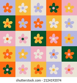 Hippie Retro Vintage Flowers Seamless Pattern In 70s-80s Style. Flat Vector Illustration.