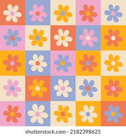 Hippie retro vintage flowers seamless pattern in 70s-80s style. Flat vector illustration.