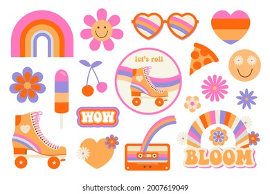 Hippie retro vintage icons in 70s-80s style. Flat vector illustration.