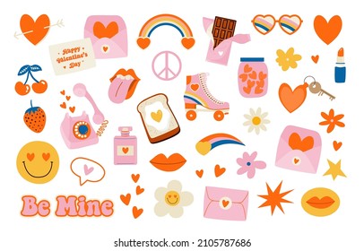 Hippie retro vintage icons in 70s-80s style. Flat Valentine's elements. Vector illustration.