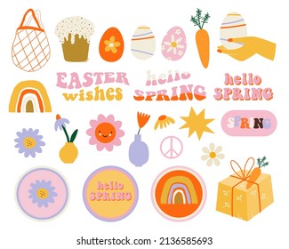 Hippie retro vintage icons in 70s-80s style. Flat Easter elements. Vector illustration.