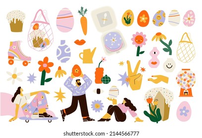 Iconos hippie retro vintage en estilo 70s-80s. Elementos de la Primavera de Pascua. Ilustración vectorial.