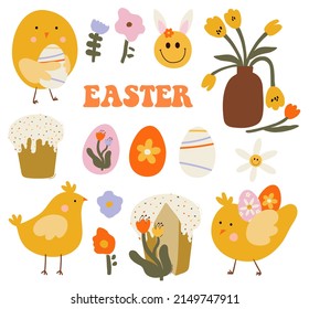 Hippie retro vintage icons in 70s-80s style. Flat Easter elements. Vector illustration.