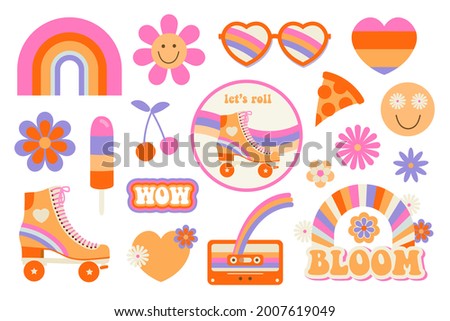 Hippie retro vintage icons in 70s-80s style. Flat pop art vector illustration.