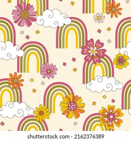 Hippie rétro vintage avec arcs-en-ciel et fleurs motif harmonieux dans le style des années 70.  Idéal pour la décoration maison, le papier d'emballage et le papier peint.