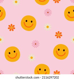 Hippie retro vintage seamless pattern in 70s-80s style. Flat vector illustration.