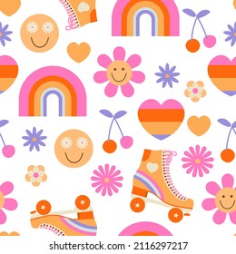 Hippie retro vintage seamless pattern in 70s-80s style. Flat vector illustration.