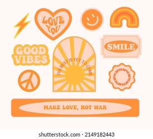 Hippie retro vintage stickers in 70s style. Flat vector illustration.