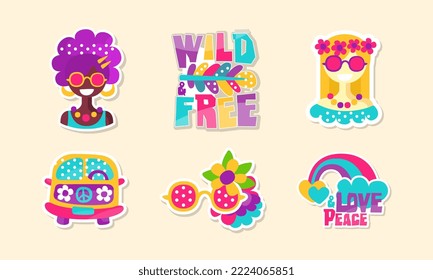 Hippie Retro Vintage Stickers with Van, Rainbow and Woman in Sunglasses Vector Set