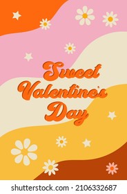 Hippie retro vintage Valentine's day cards in 70s-80s style. Flat vector illustration.