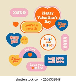 Hippie retro vintage Valentine's day cards in 70s-80s style. Flat vector illustration.