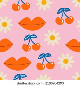 Hippie retro vintage Valentine's day seamless pattern in 70s-80s style. Flat vector illustration.