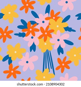 Hippie retro vintage Valentine's day seamless pattern in 70s-80s style. Flat vector illustration.